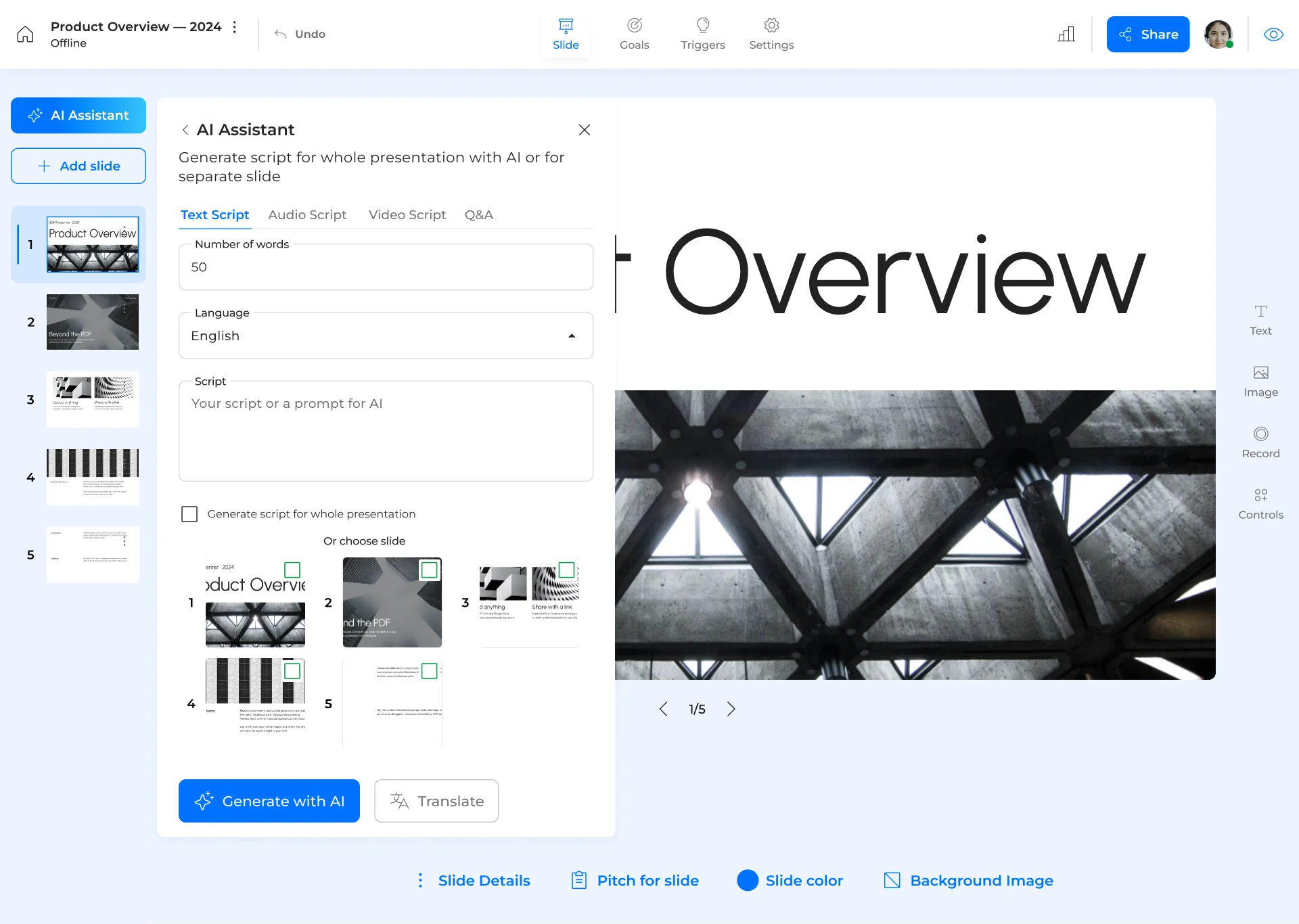 ROI4Presenter editor with the AI assistant panel open