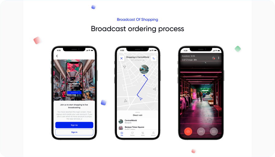 ONOFFLINE SHOP broadcast ordering flow across three mobile screens