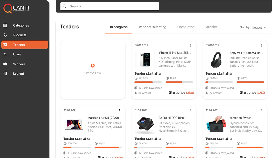 Quanti tender board showing live tenders with bids and deadlines